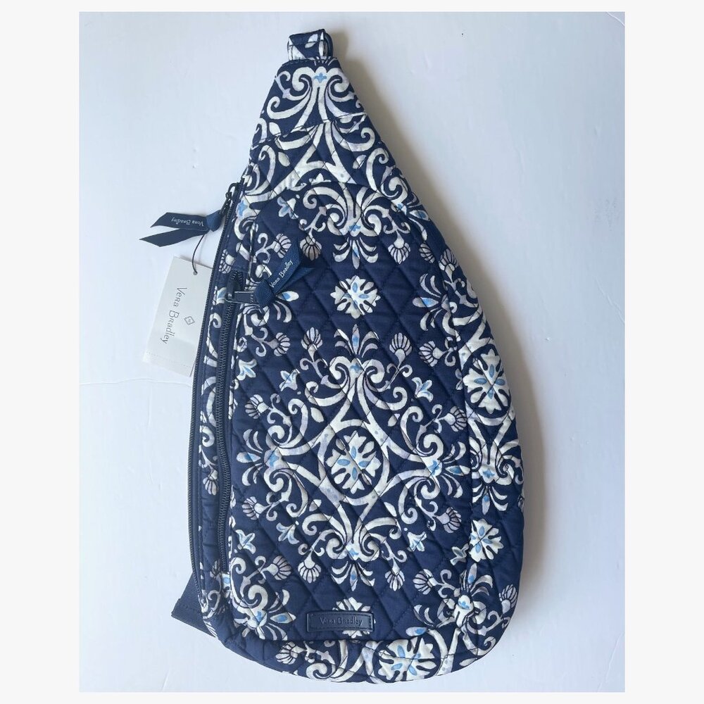 Vera Bradley Essential Sling Backpack Steel Blue Medallion Quilted Cotton Large